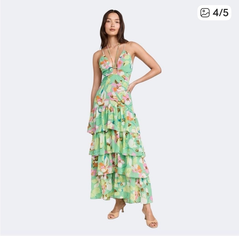 ASTR Green Floral Tiered Maxi Dress with Cutout Bodice XS new.